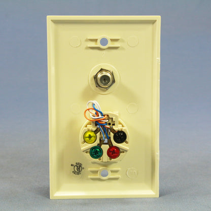 Cooper 3535-4A Almond 1-Gang 4-Wire Telephone Phone Jack Coaxial Cable Wallplate