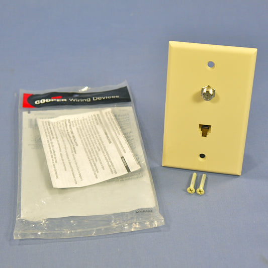Cooper 3535-4V Ivory 1-Gang 4-Wire Telephone Phone Jack Coaxial Cable Wallplate