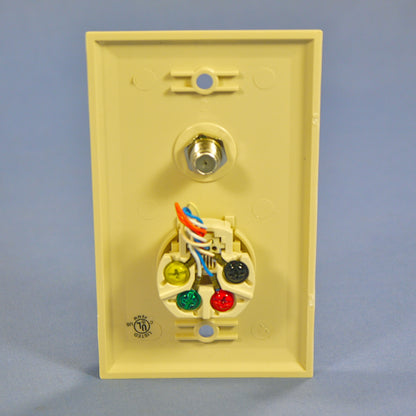 Cooper 3535-4V Ivory 1-Gang 4-Wire Telephone Phone Jack Coaxial Cable Wallplate
