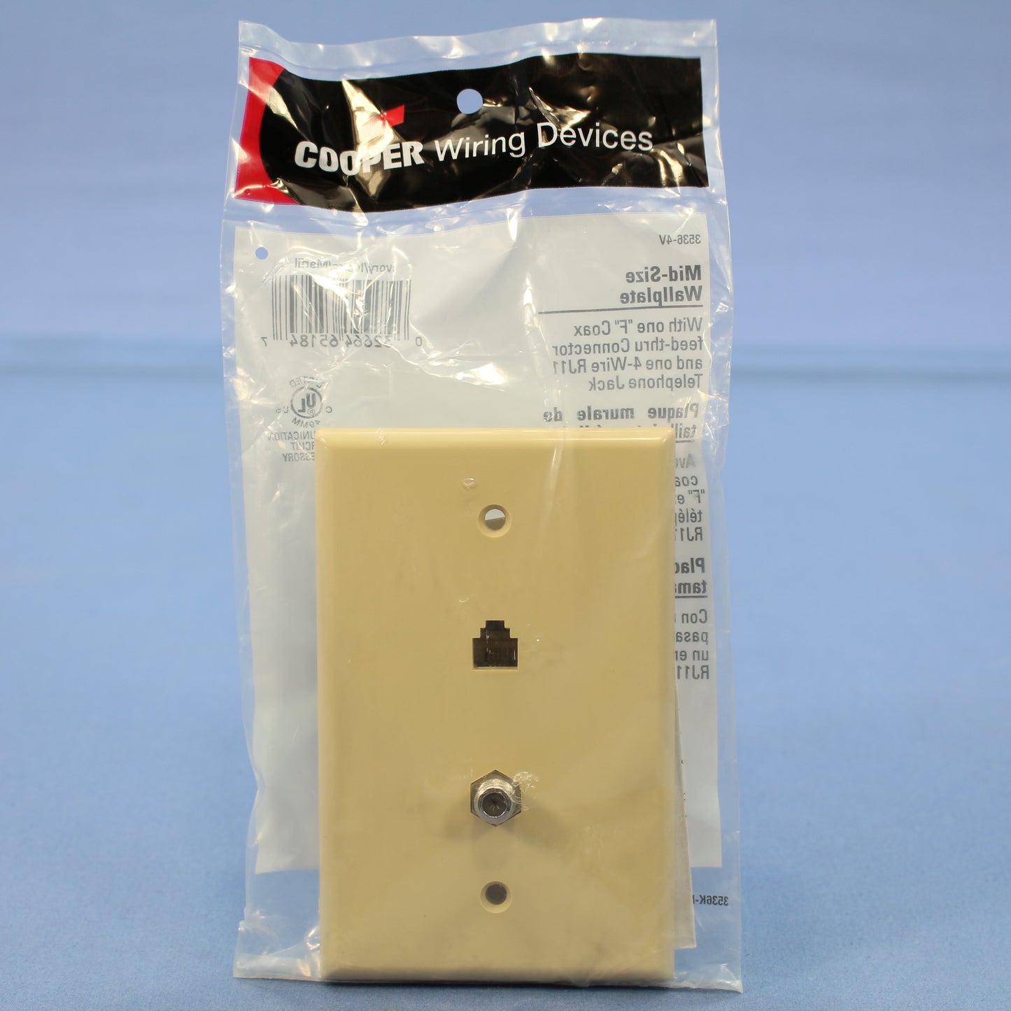 Cooper 3536-4V Ivory 1-Gang 4-Wire Telephone Jack Coax Cable Mid-Size Wallplate