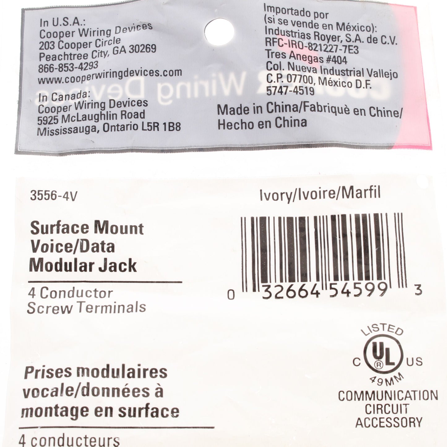 Cooper 3556-4V Ivory 1-Gang Voice Data Phone Modular Jack 4-Wire Surface Mount