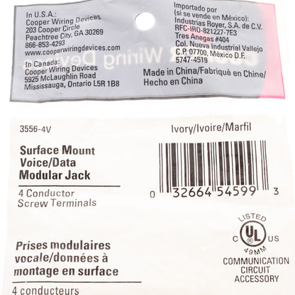 Cooper 3556-4V Ivory 1-Gang Voice Data Phone Modular Jack 4-Wire Surface Mount