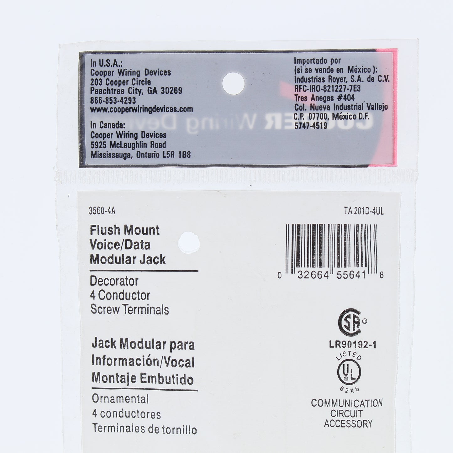 Cooper 3560-4A Almond Flush 4-Wire Decorator Modular Telephone Jack Cover Insert