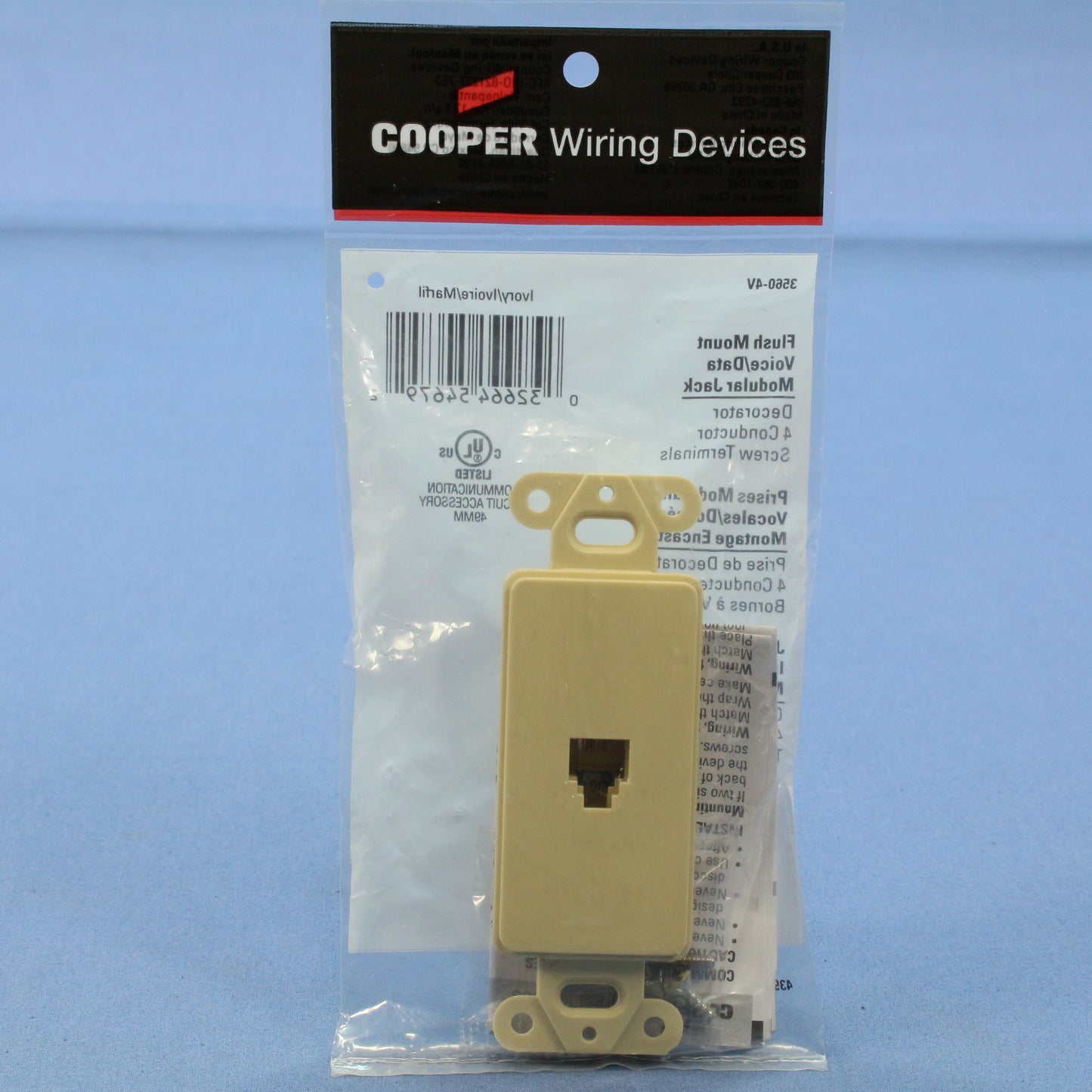 Cooper 3560-4V Ivory 1-Gang 4-Wire Decorator Modular Telephone Jack Wallplate