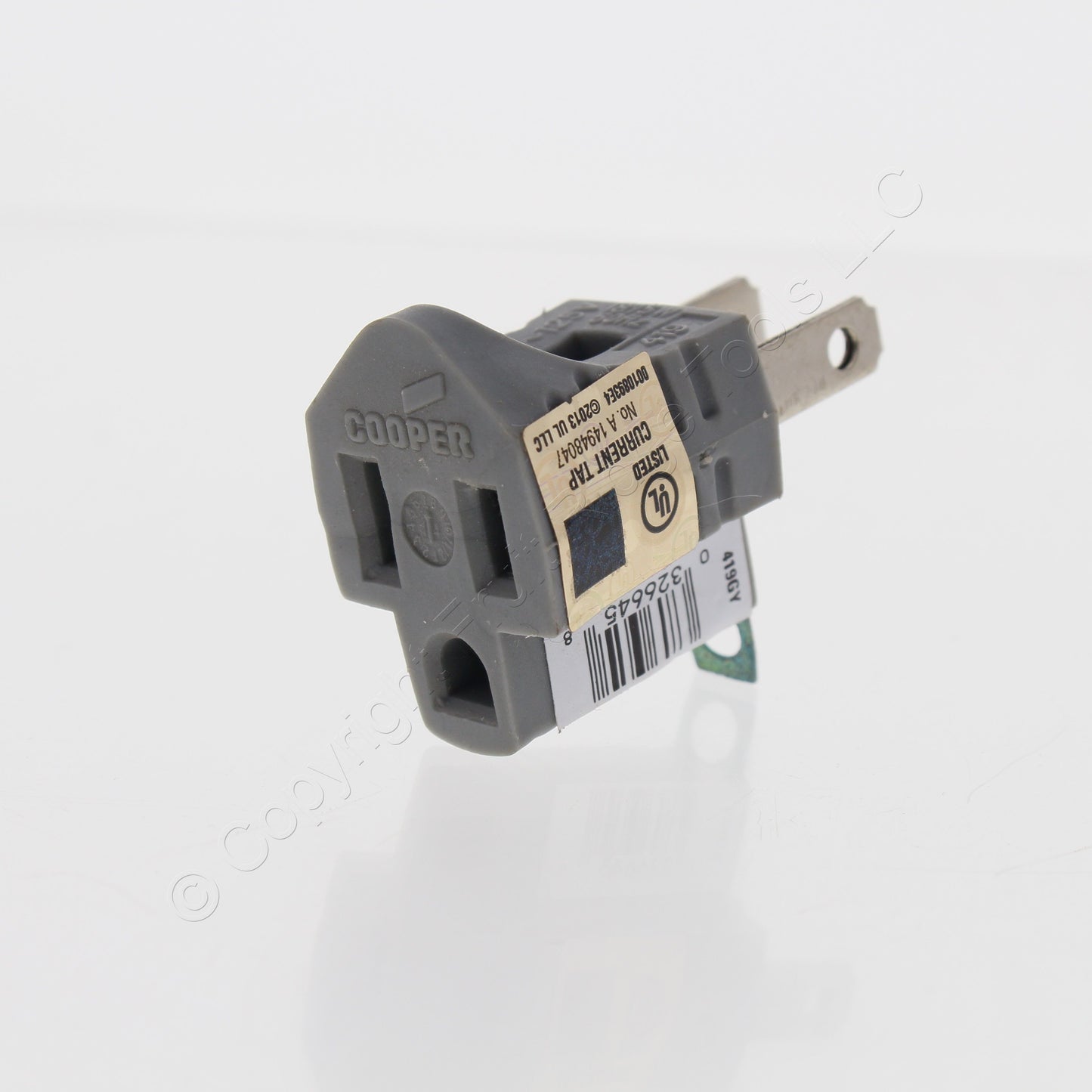 3 Cooper Gray Single Outlet Adapters w/ Grounding Lug 15A 125V 2-Pole 2-Wire
