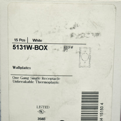 Cooper 5131W White 1-Gang Single 1.406" Receptacle Nylon Wallplate Covers 15pcs