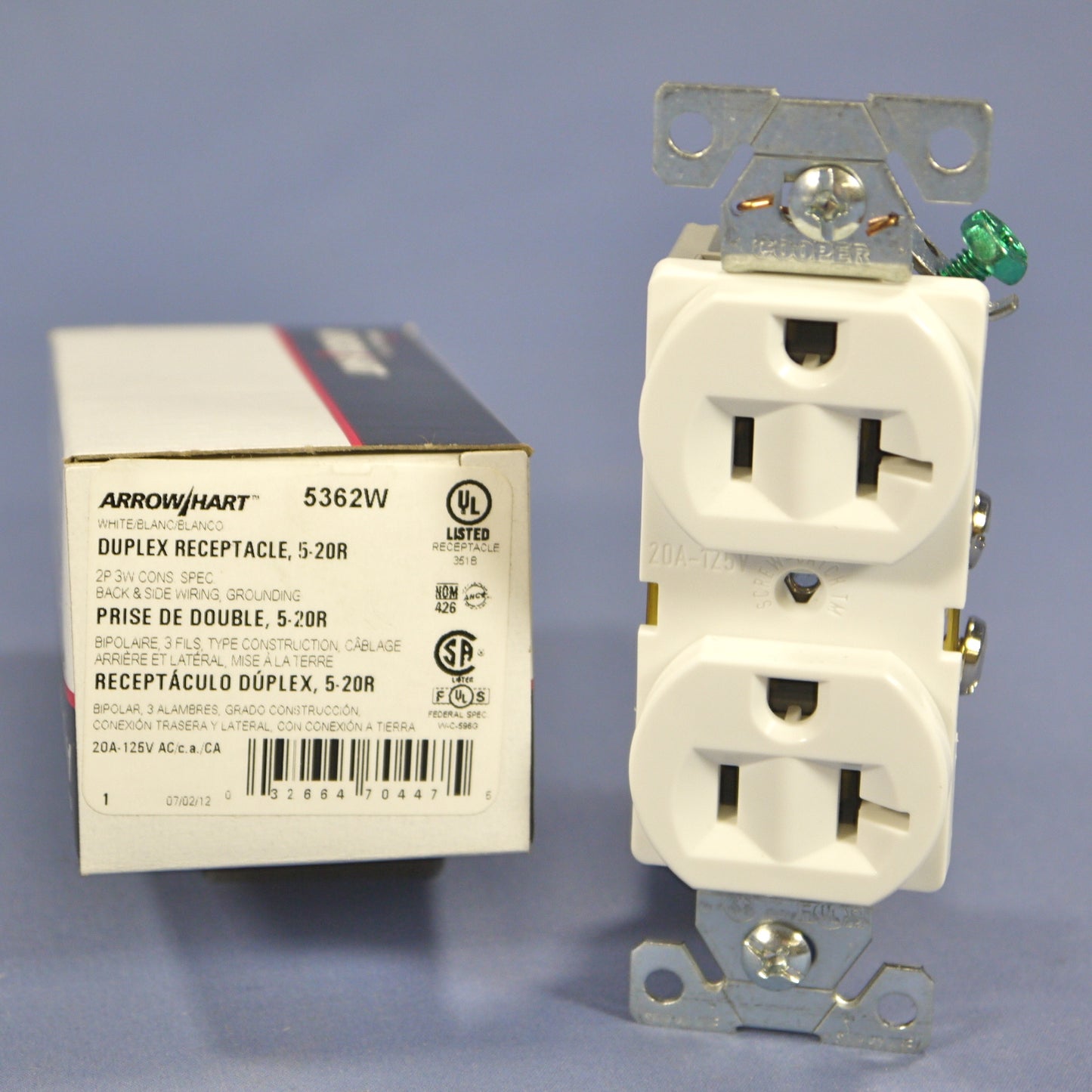 Cooper 5362W White Industrial Grade Duplex NEMA 5-20R 20A Receptacle Outlet