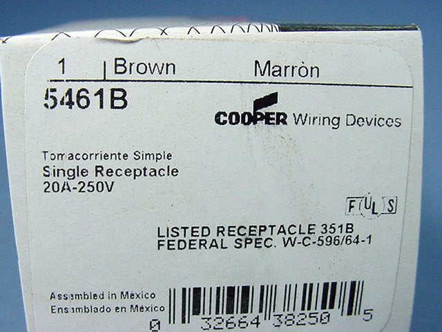 Cooper 5461B Brown Single Receptacle Outlet NEMA 6-20R 20A 250V Industrial Grade
