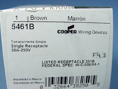 Cooper 5461B Brown Single Receptacle Outlet NEMA 6-20R 20A 250V Industrial Grade