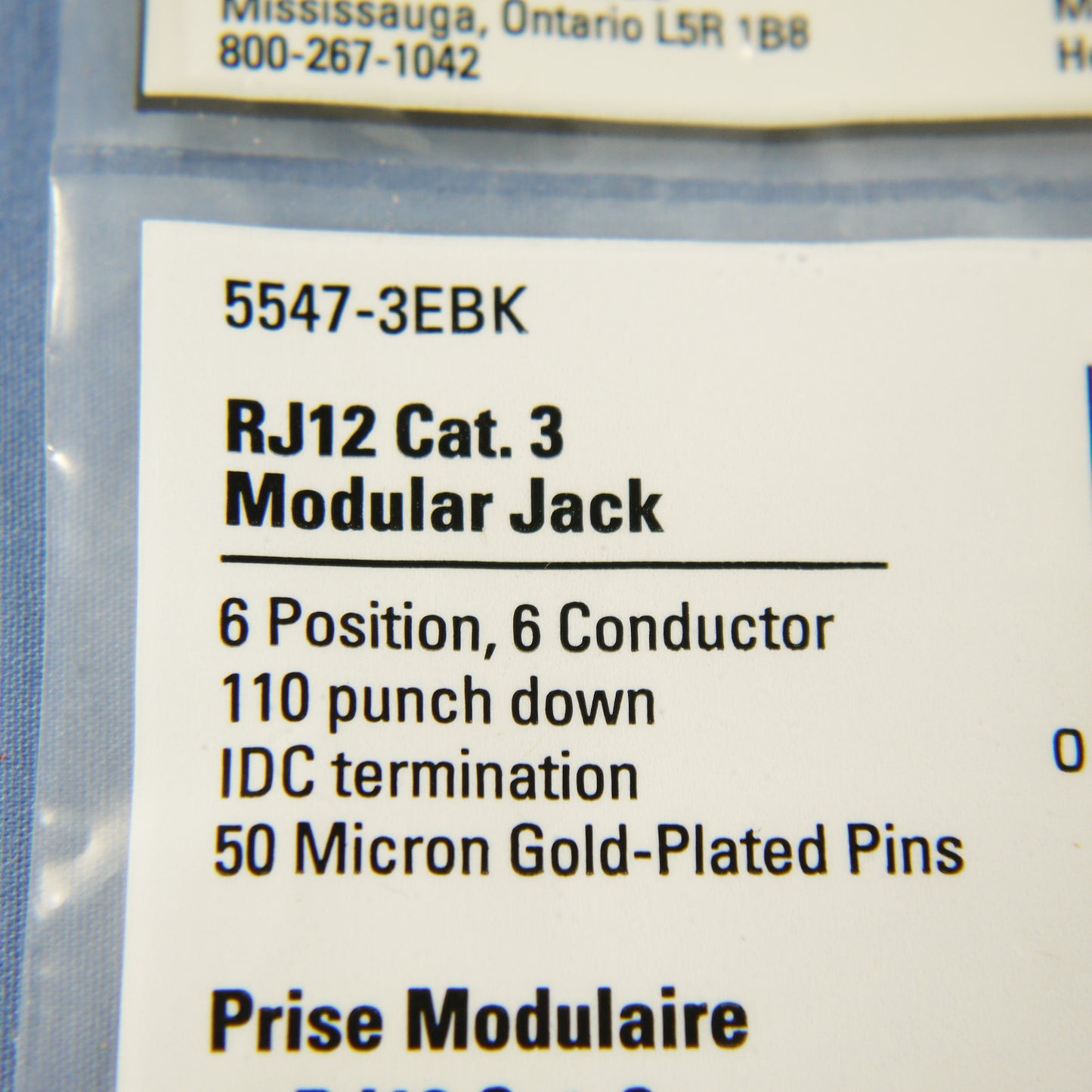 Cooper Black Cat3 Snap-In Modular Voice Jack 110 Style 6-Position RJ12 5547-3EBK