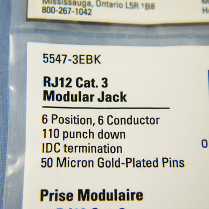 Cooper Black Cat3 Snap-In Modular Voice Jack 110 Style 6-Position RJ12 5547-3EBK