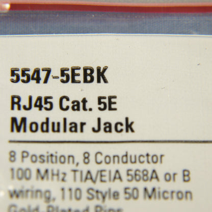 Cooper 5547-5EBK Black Cat5e Snap-In Modular Data Jack 110 Style 8-Position RJ45