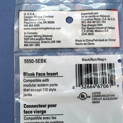 Cooper Black Modular Wallplate Blank 1-Port Filler Adapter Insert 5550-5EBK