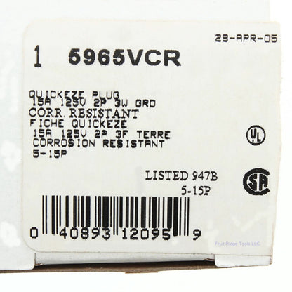 Cooper Yellow Nylon Male Quickeze Corrosion Resistant Plug 15A 125V 2P3W 5965VCR