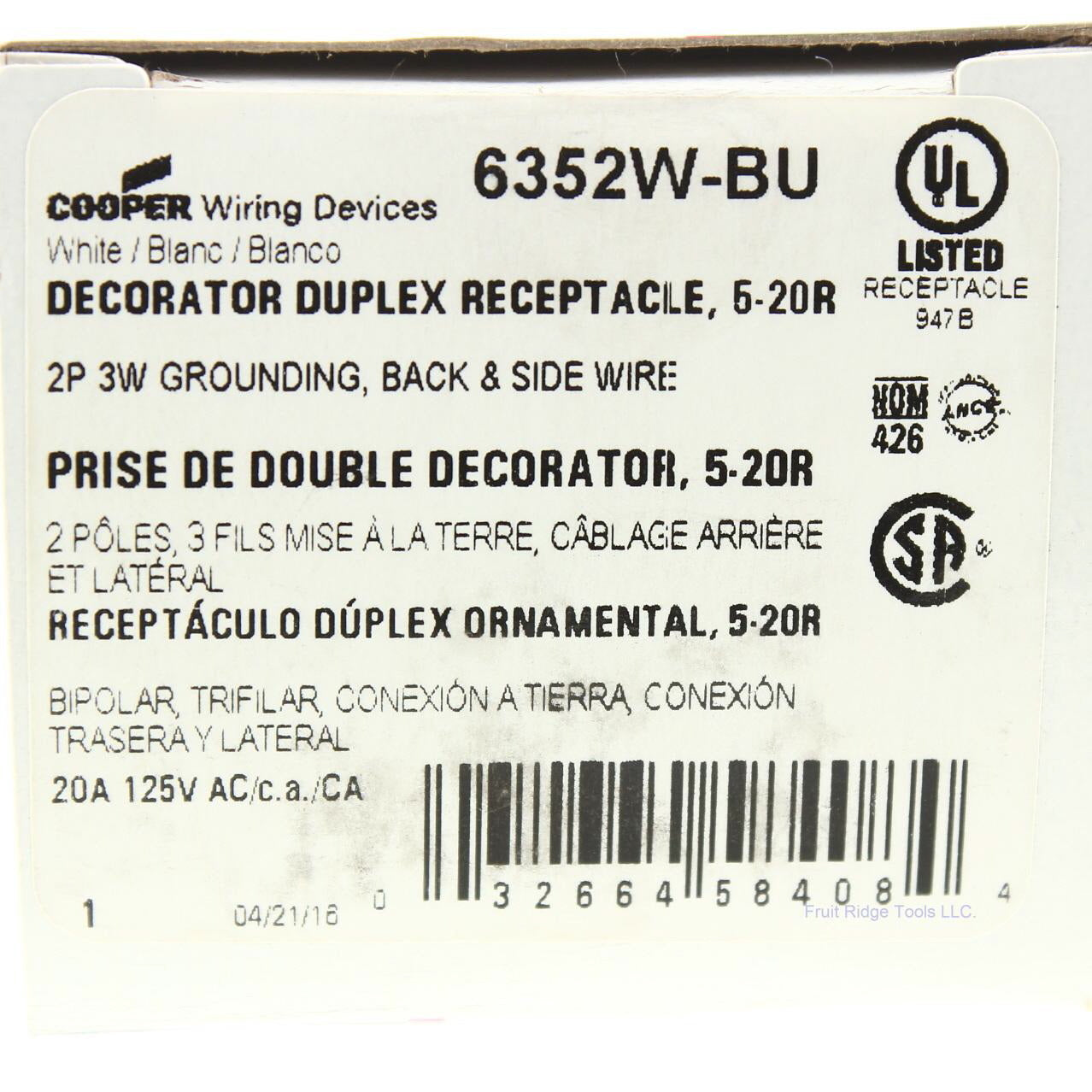 Cooper White Commercial Decorator Receptacle Duplex Outlet 5-20R 20A Bulk 6352W