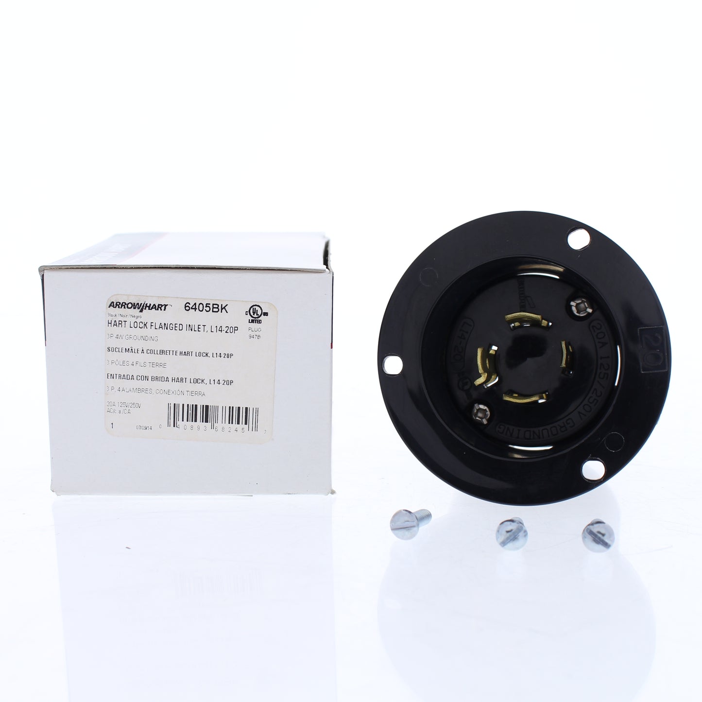 Cooper Black Twist Turn Locking Flanged Inlet L14-20P 20A 125/250V 3P4W 6405BK
