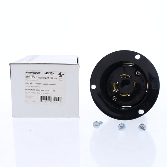 Cooper Black Twist Turn Locking Flanged Inlet L14-20P 20A 125/250V 3P4W 6405BK