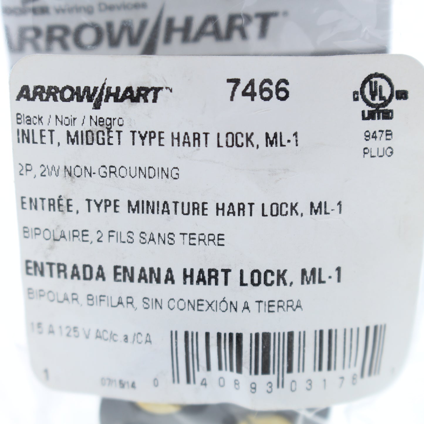 Cooper Black Industrial 15A 125V 2-Pole 2-Wire Midget Locking Flanged Inlet 7466