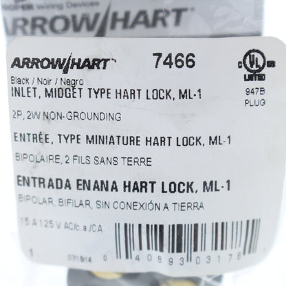 Cooper Black Industrial 15A 125V 2-Pole 2-Wire Midget Locking Flanged Inlet 7466