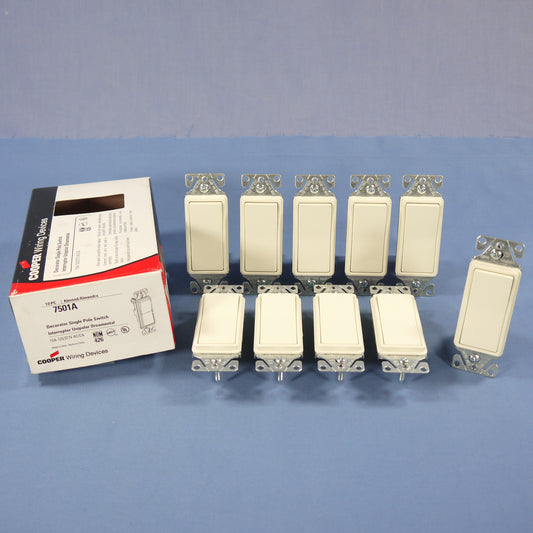 Cooper 7501A Almond Single Pole Decorator Rocker ON/OF Light Switches 15A 10pcs