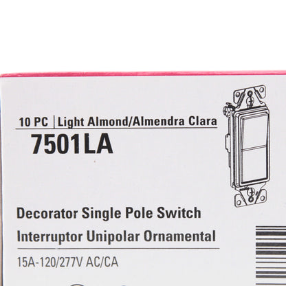 Cooper 7501LA Light Almond 15A Single Pole Decorator Rocker Light Switches 10pcs
