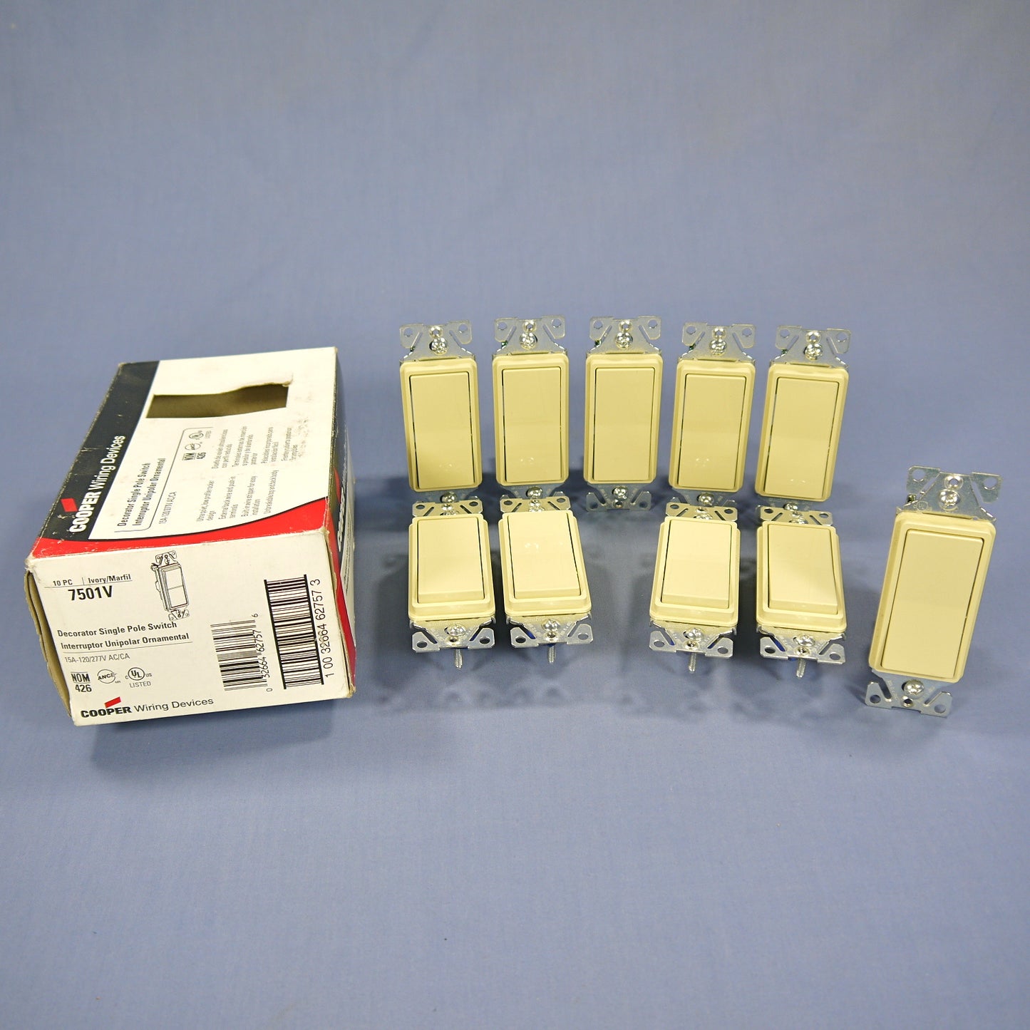 Cooper 7501V Ivory Decorator Rocker Light Switch 15A Single Pole 120/277V 10pcs