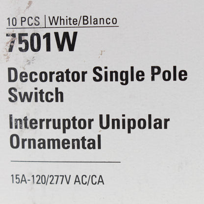 10 Cooper White Decorator Rocker Light Switches 15A Single Pole 120/277V 7501W