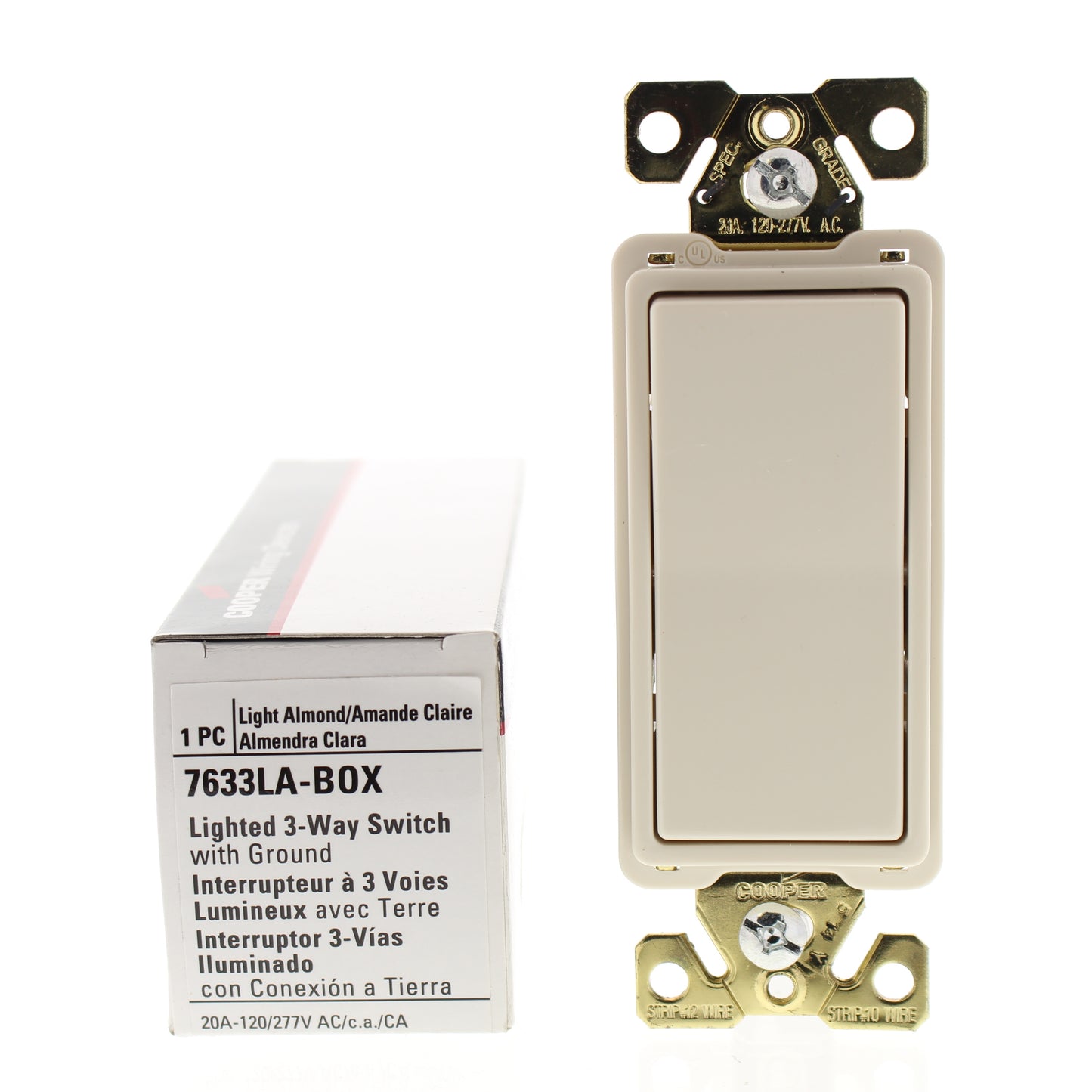 Cooper 7633LA Light Almond Lighted Decorator 3-Way Rocker Wall Light Switch 20A