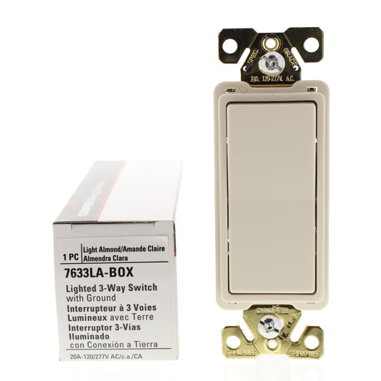 Cooper 7633LA Light Almond Lighted Decorator 3-Way Rocker Wall Light Switch 20A