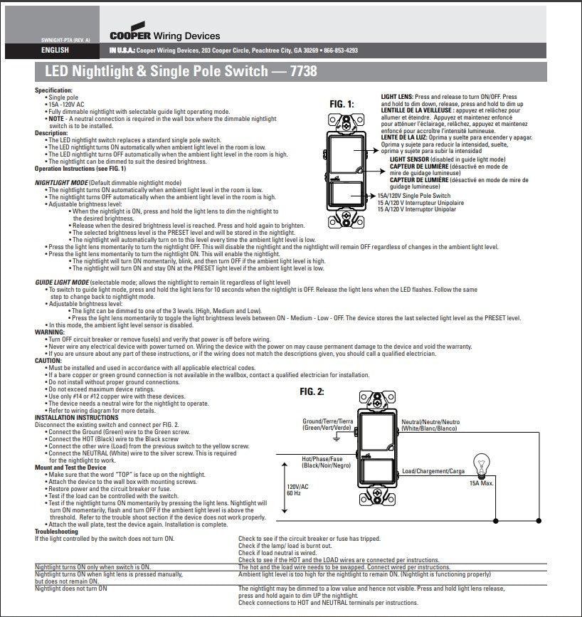 Cooper 7738LA-K-L Light Almond LED Single Pole Switch w/ Dimmable 1W Nightlight