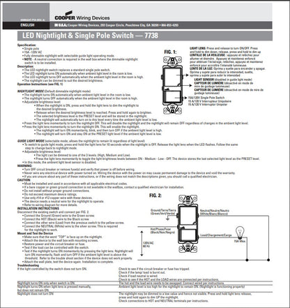 Cooper 7738LA-K-L Light Almond LED Single Pole Switch w/ Dimmable 1W Nightlight
