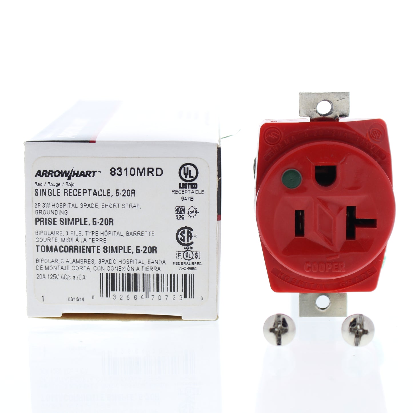 Cooper 8310MRD Red Hospital Straight Blade Single Outlet 5-20R 20A Short Strap
