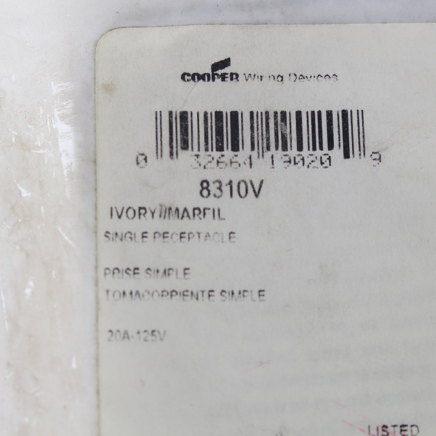 Cooper Ivory Hospital Straight Blade Single Receptacle Outlet 5-20R 20A 8310V