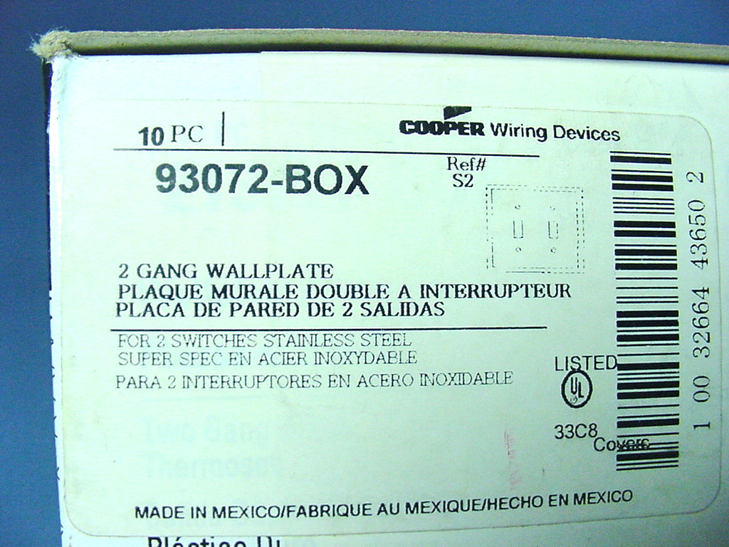10 Cooper Non-Mag Stainless Steel 2-Gang Toggle Switch Cover Wallplate 93072