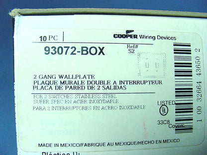 10 Cooper Non-Mag Stainless Steel 2-Gang Toggle Switch Cover Wallplate 93072