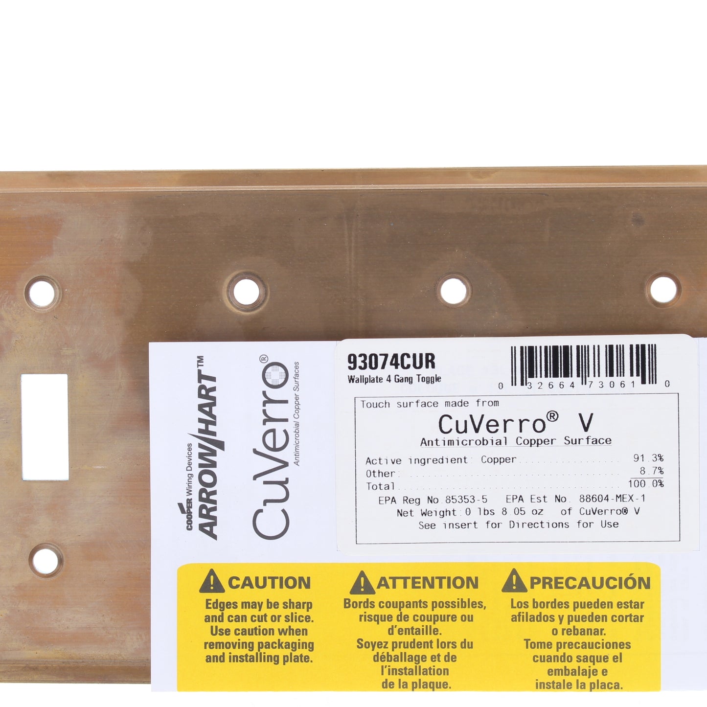 Cooper 93074CUR Copper 4-Gang Toggle Switch CuVerro Antimicrobial Wallplate