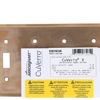 Cooper 93074CUR Copper 4-Gang Toggle Switch CuVerro Antimicrobial Wallplate