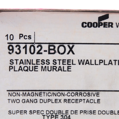 Cooper 93102 Stainless Steel 2-Gang Duplex Receptacle Outlet Wallplates 10-Pack