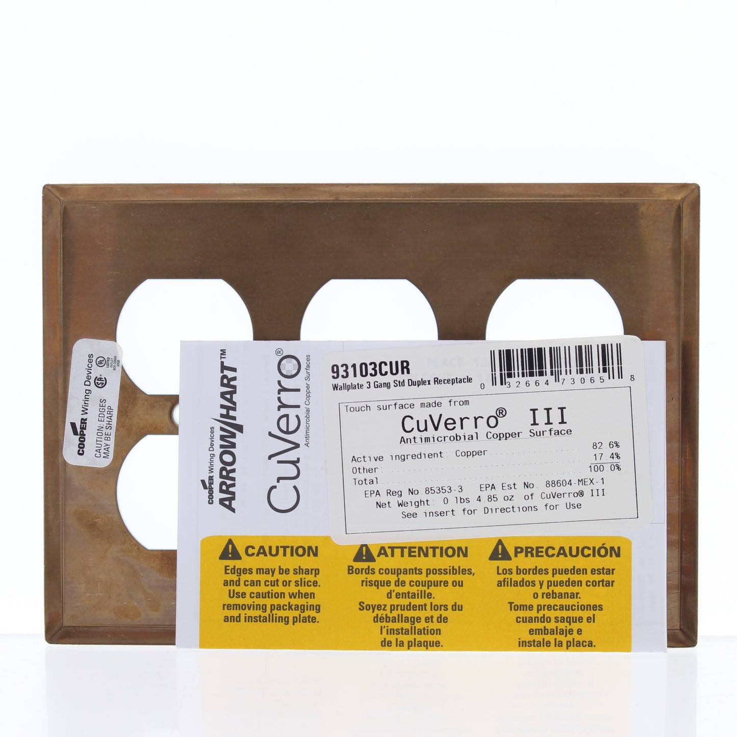 Cooper 93103CU Copper 3-Gang Duplex Outlet CuVerro Antimicrobial Wallplate Cover