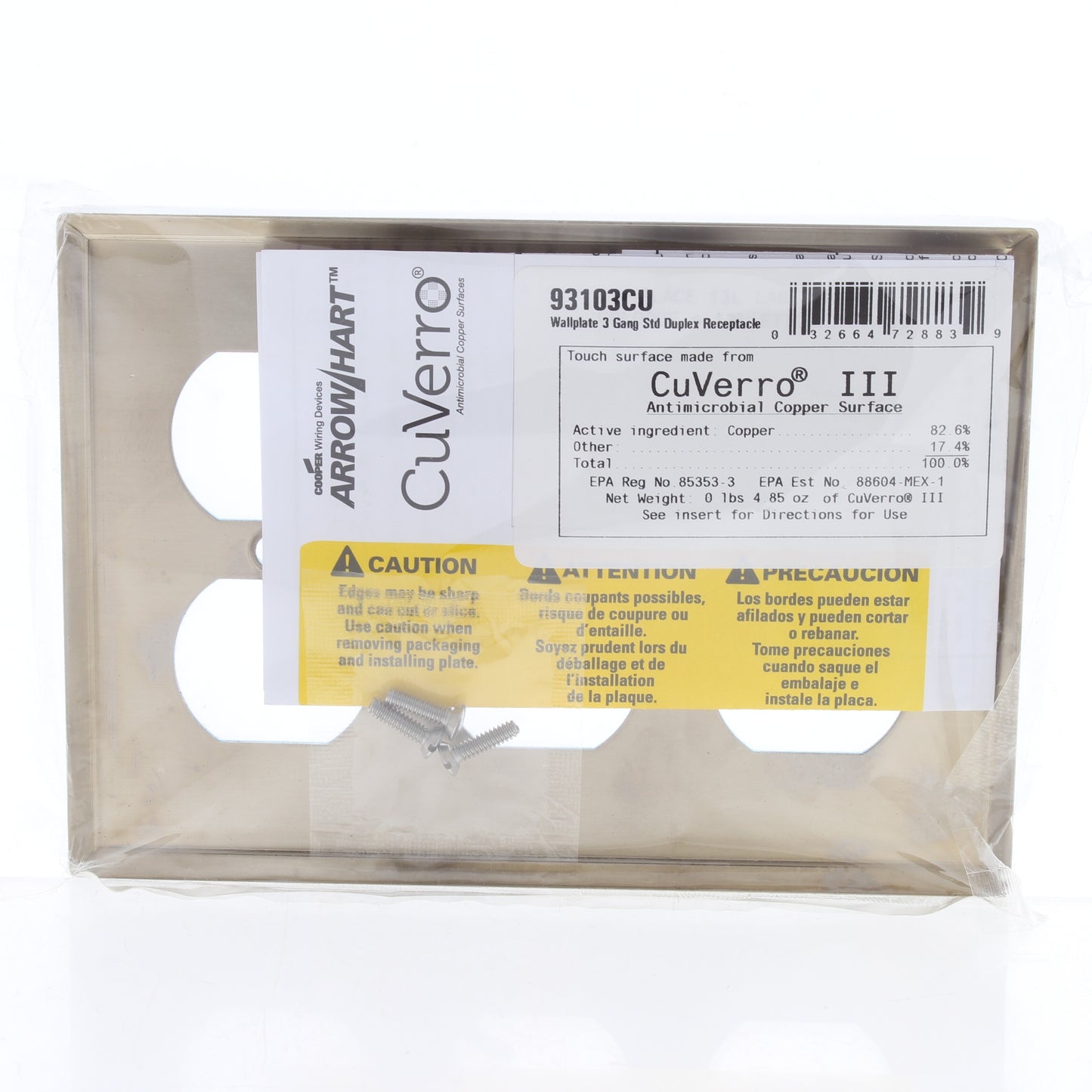 Cooper 93103CUR Copper 3-Gang Blank CuVerro Antimicrobial Wallplate Box Mount