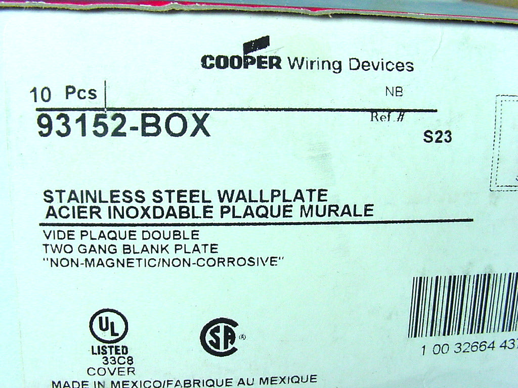 10 Cooper 2-Gang Non-Magnetic Stainless Steel Blank Cover Flush Wallplates 93152
