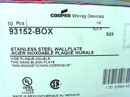 10 Cooper 2-Gang Non-Magnetic Stainless Steel Blank Cover Flush Wallplates 93152