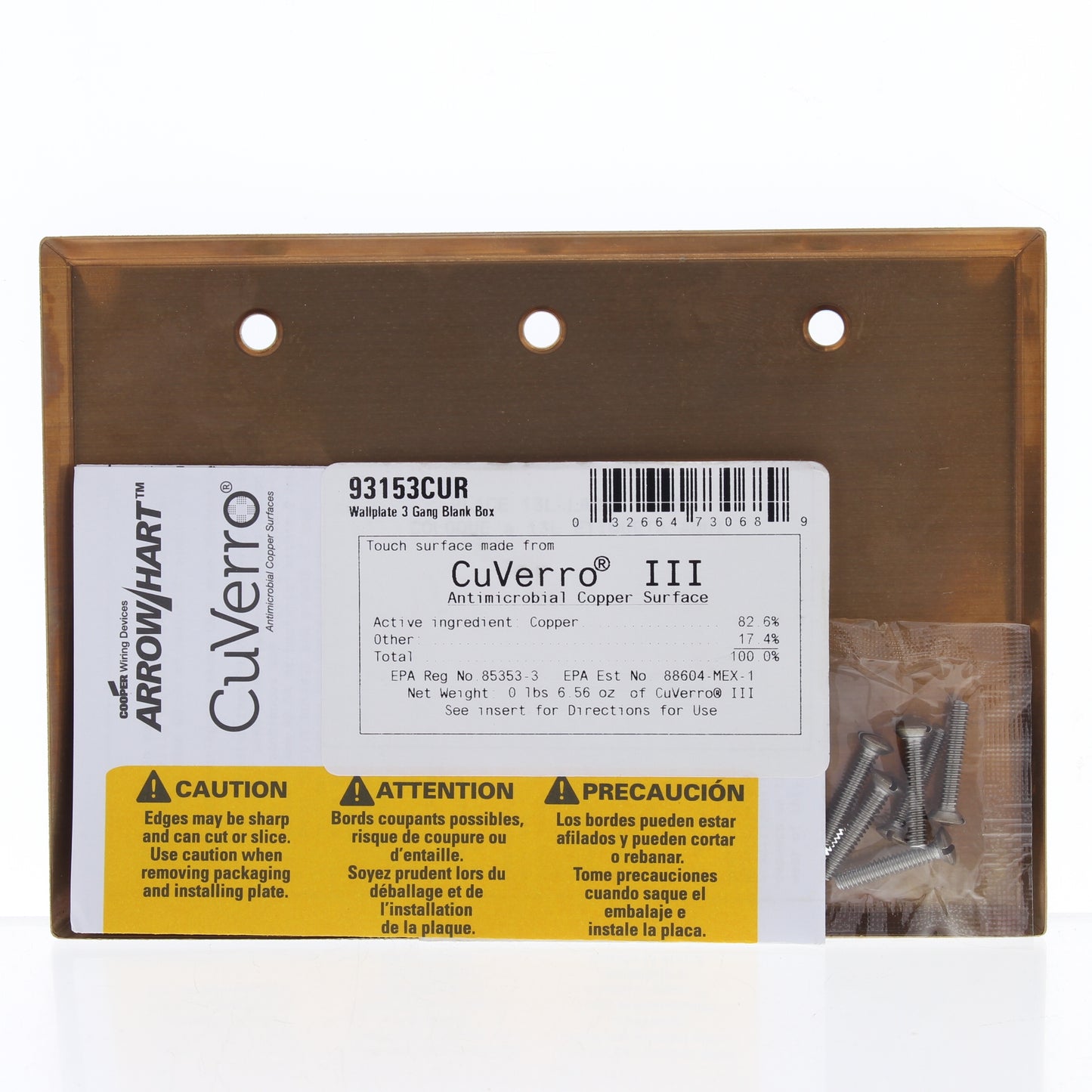 Cooper 93153CU Copper 3-Gang Blank CuVerro Antimicrobial Wallplate Box Mount