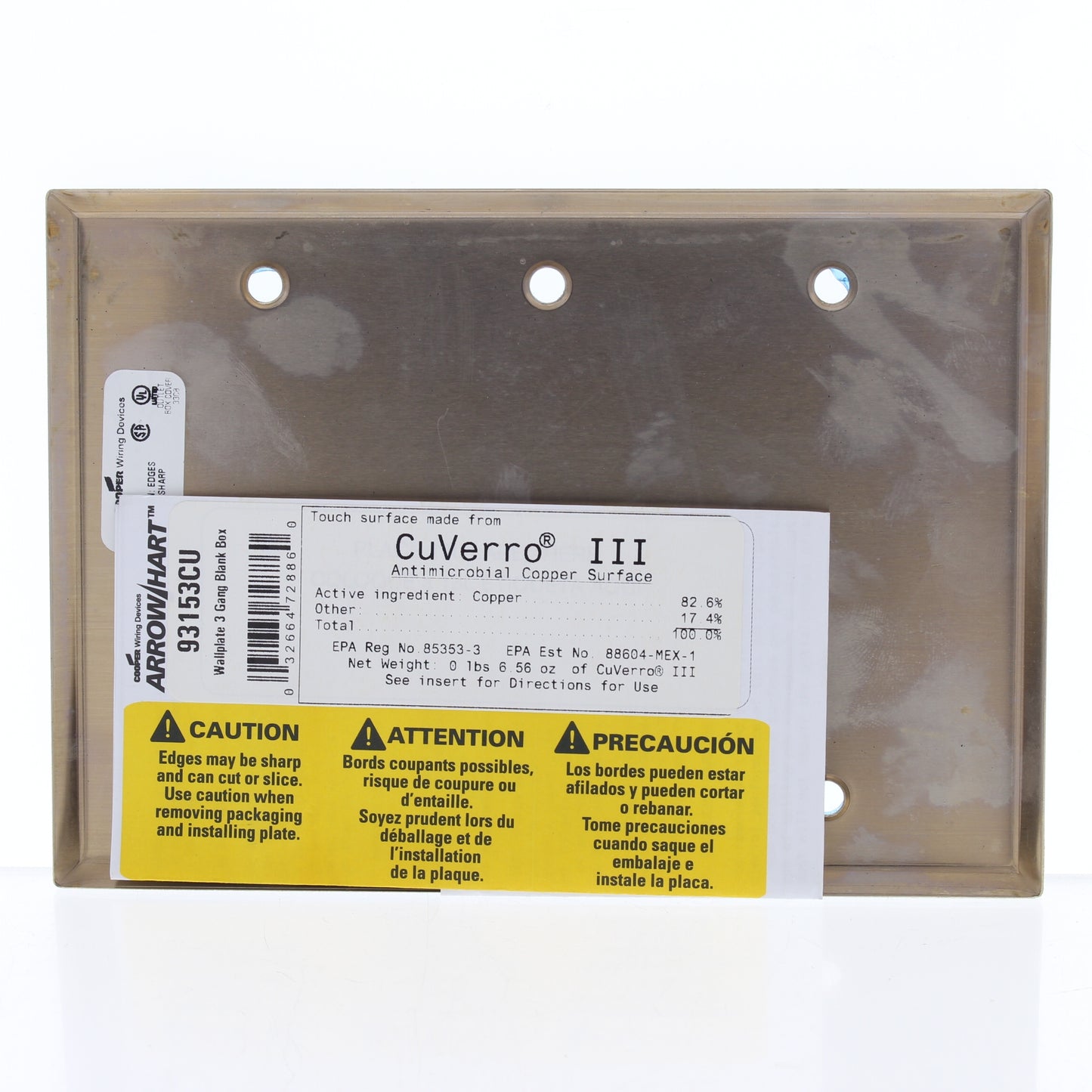 Cooper 93153CUR Copper 3-Gang Blank CuVerro Antimicrobial Wallplate Box Mount
