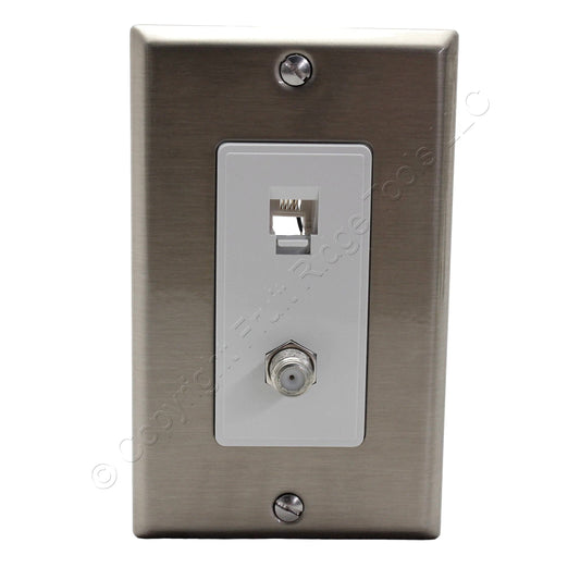 Cooper Bundle Phone/Coaxial Cable Combo Jack + Stainless Rocker Wallplate Cover