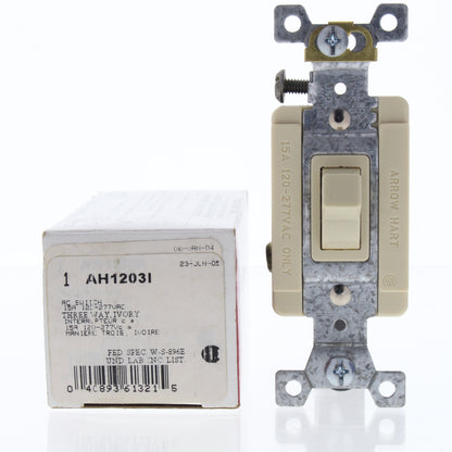 Cooper AH1203I Ivory Industrial Toggle Wall Light Switch 15A 120/277V 3-Way B&S