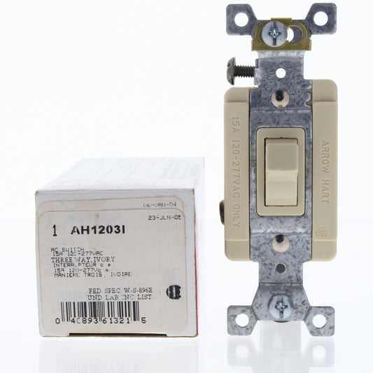 Cooper AH1203I Ivory Industrial Toggle Wall Light Switch 15A 120/277V 3-Way B&S