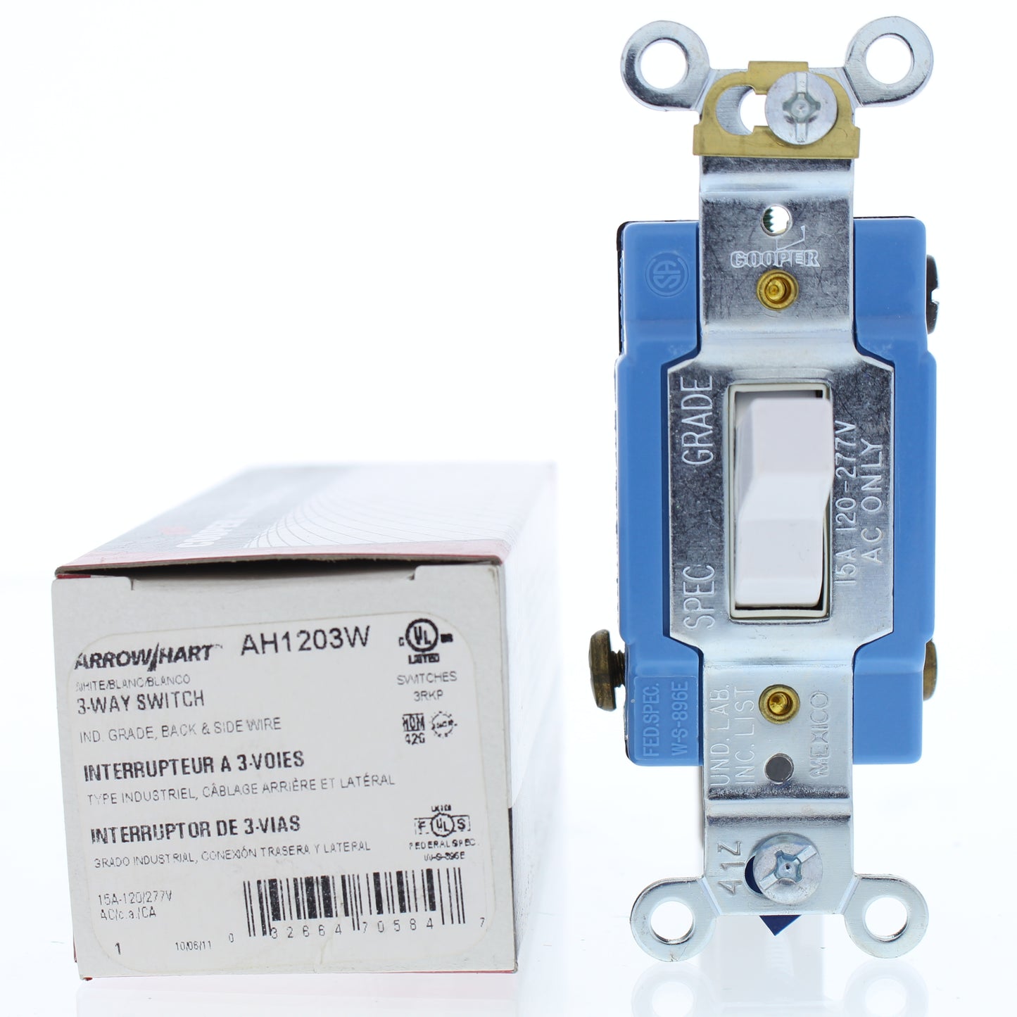 Cooper AH1203W White Industrial 3-Way Toggle Wall Light Switch 15A 120/277V