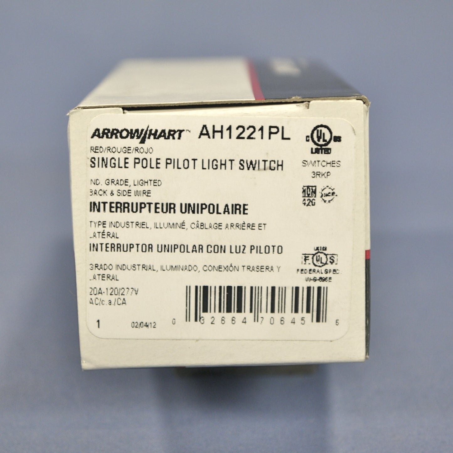 Cooper AH1221PL Red Pilot Light Single Pole Toggle Wall Switch 20A Industrial