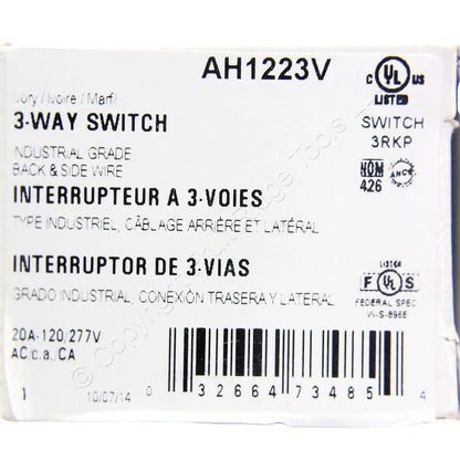 Cooper AH1223V Ivory Industrial Grade 3-Way Toggle Wall Light Switch Control 20A